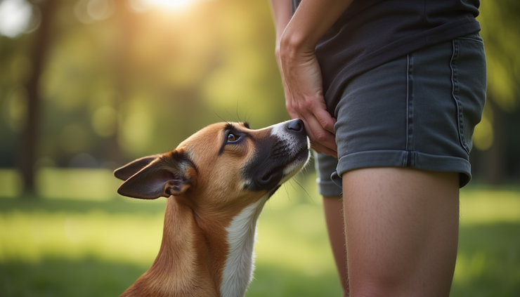 Close-up view of a dog sniffing a person's pants near the crotch area