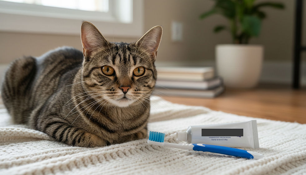 Eye-level view of a calm tabby cat sitting beside a small cat toothbrush on a blanket
