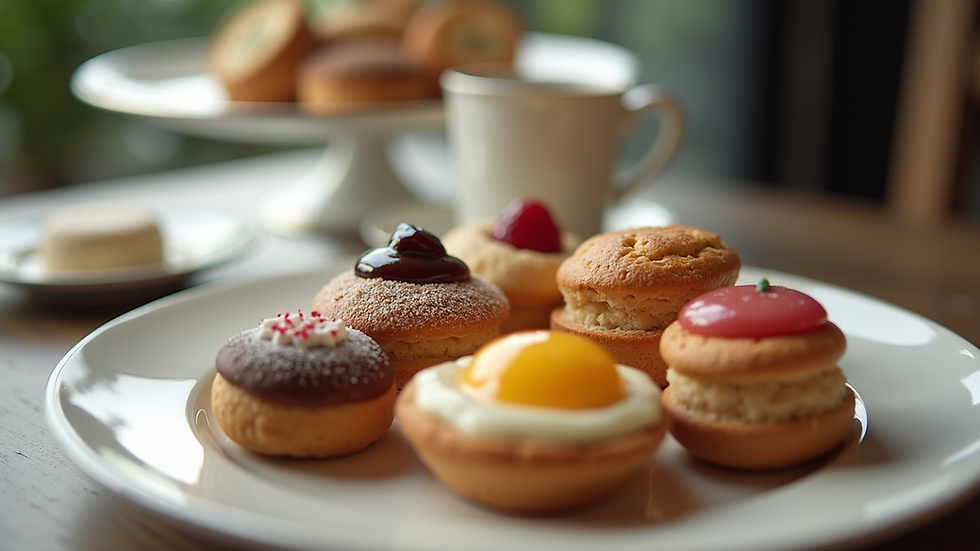 Close-up view of a beautifully arranged high tea platter with assorted pastries and scones