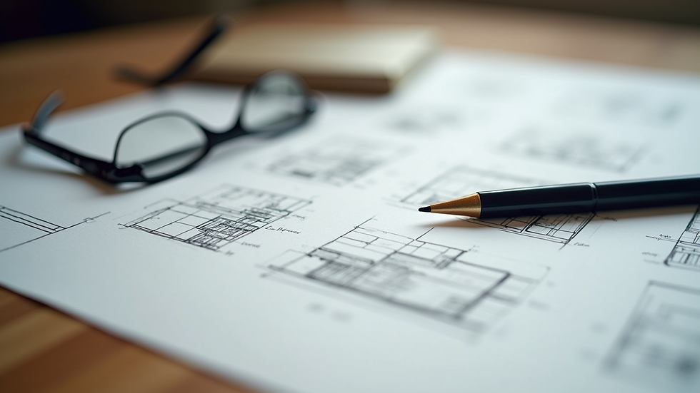 Close-up view of architectural sketches and design tools on a wooden table