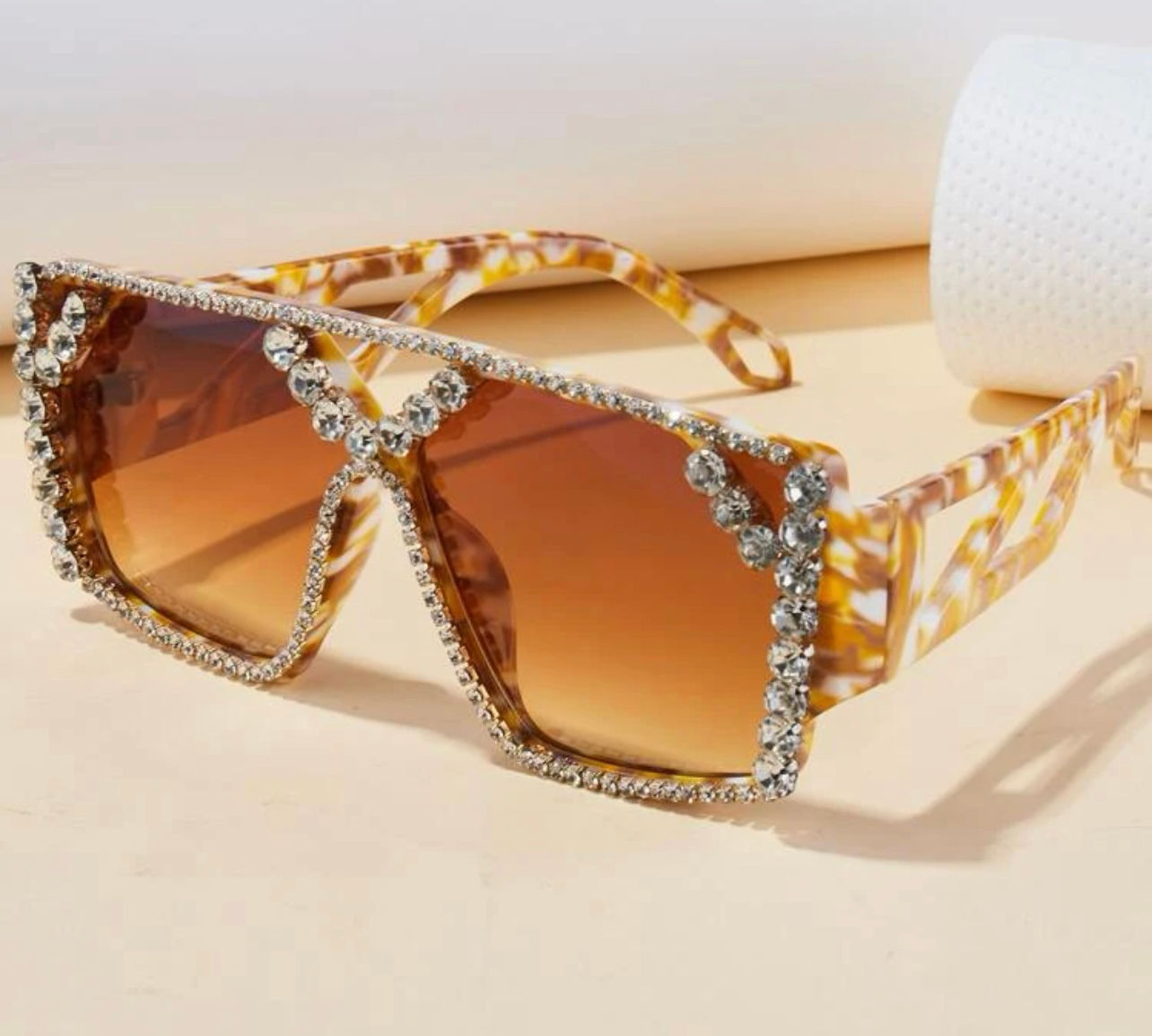 1pair Unisex Rhinestone Decor Geometric Frame Glamorous Sunglasses For Daily Lif