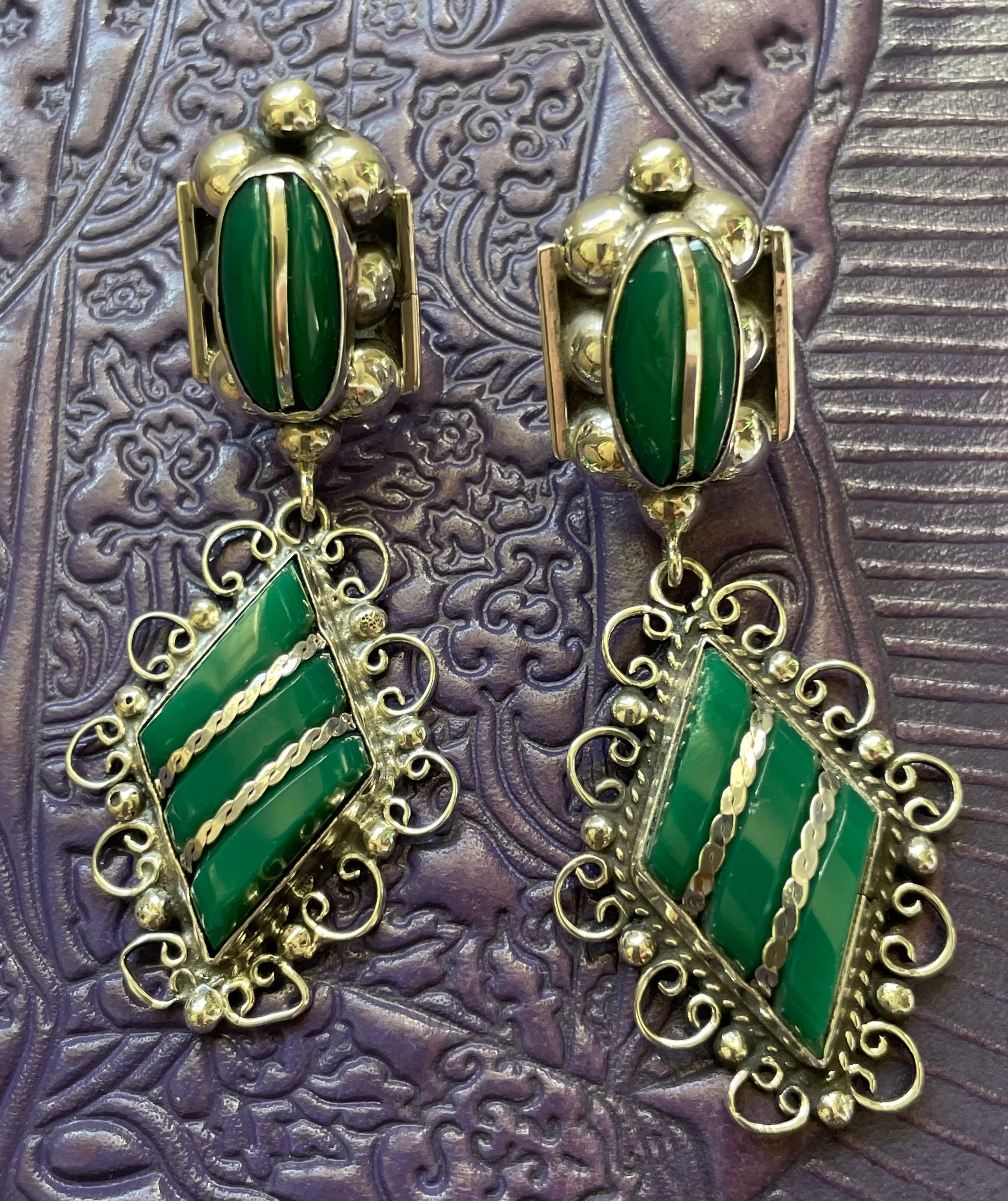 Vintage Green Onyx French Clip Earrings