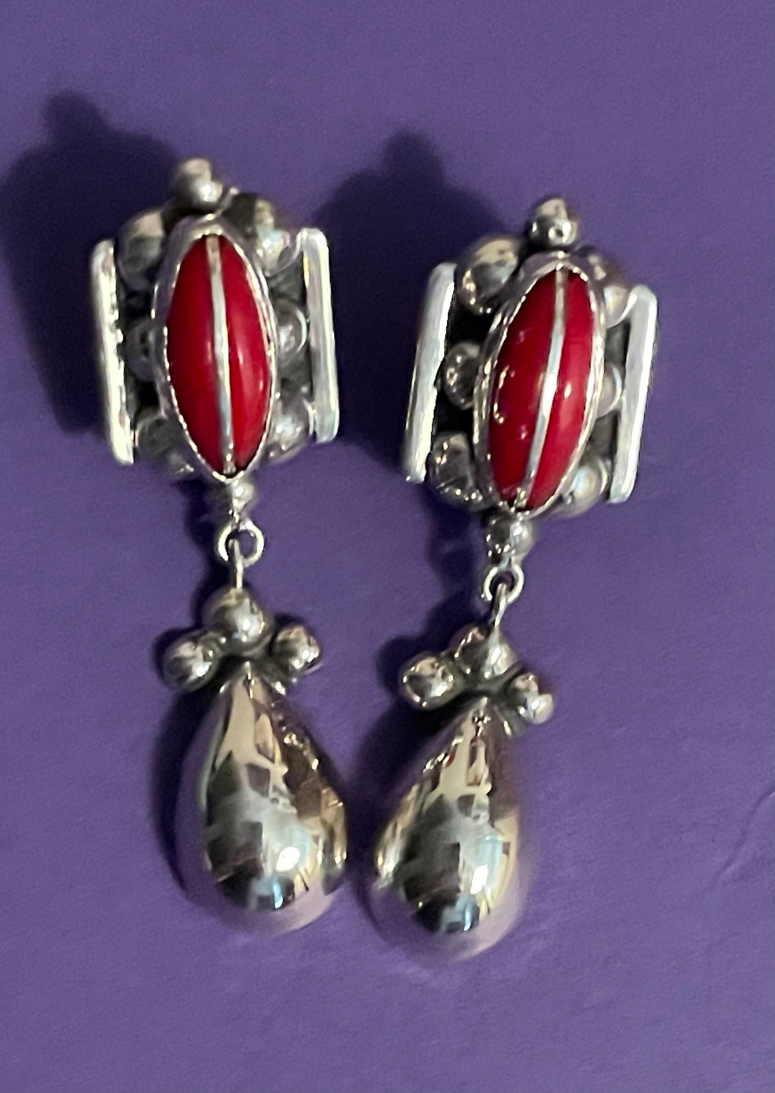 Vintage Red Onyx with Silver Drop French Clip Earring