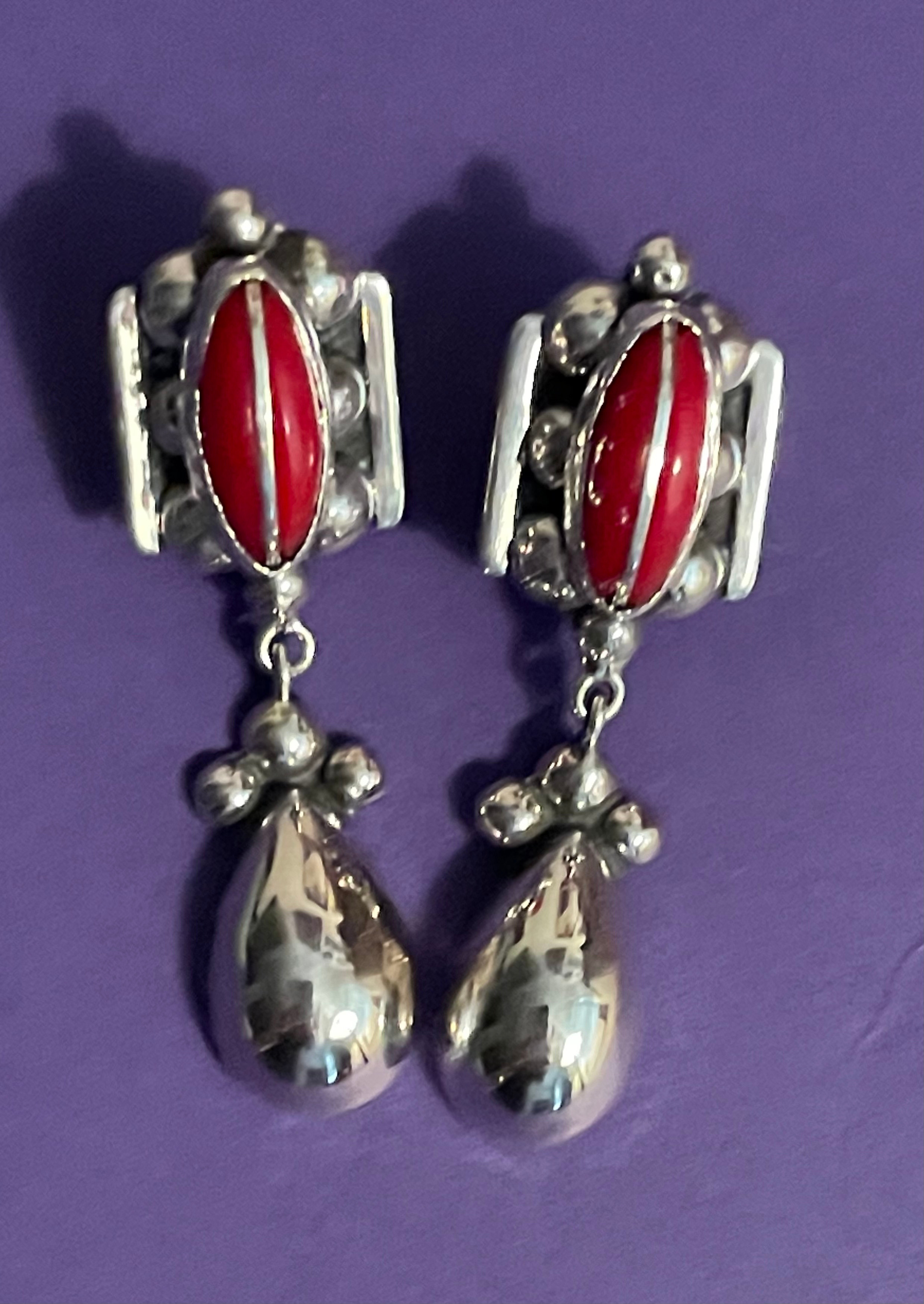 Vintage Red Onyx with Silver Drop French Clip Earring