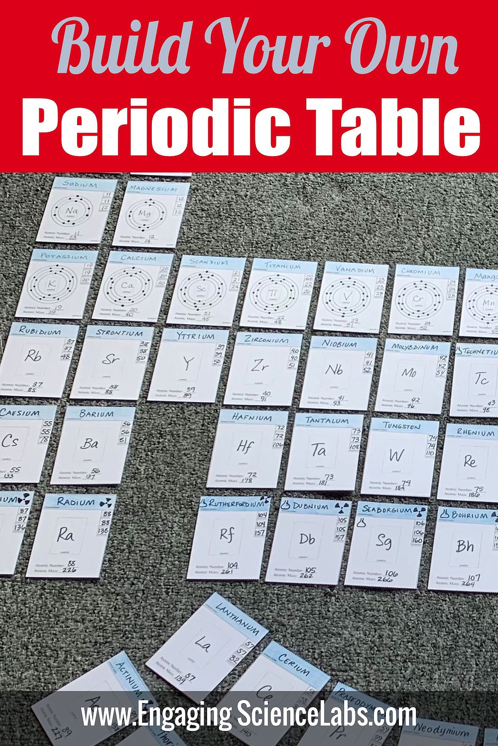 Build your own periodic table using cards. Lay out on the floor or pin to a bulletin board. Choose which elemental properties to feature.
