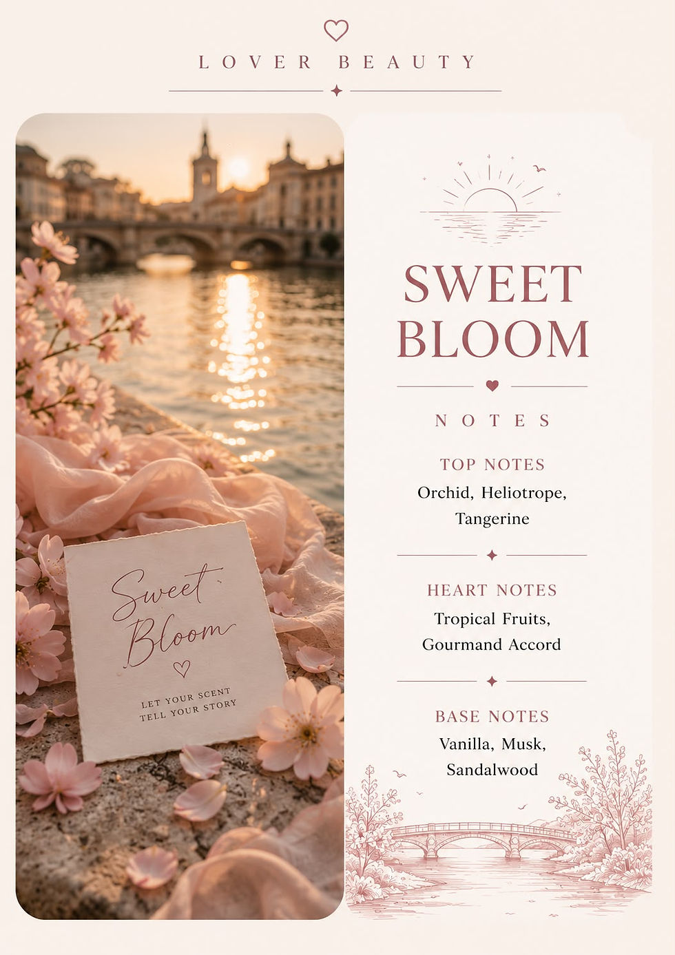 Fragrance notes of Sweet Bloom perfume with orchid, tropical fruits, and vanilla