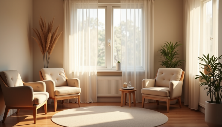Eye-level view of a calm therapy room with soft lighting and comfortable seating