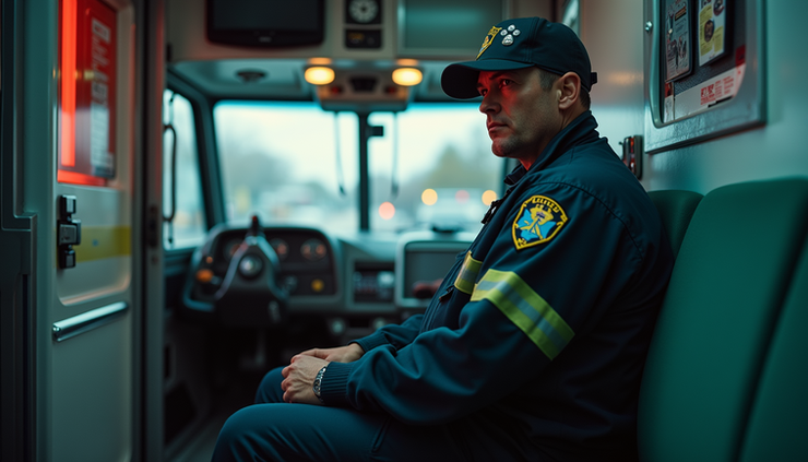 Eye-level view of a paramedic sitting quietly in an ambulance after a call