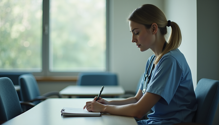 Eye-level view of a nurse writing in a journal during a quiet break