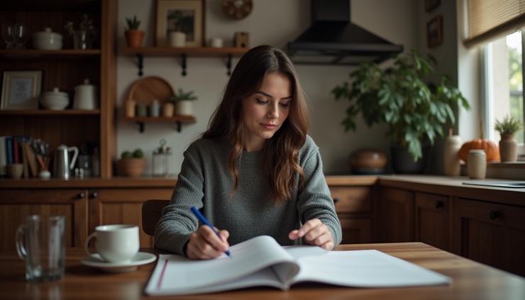 Eye-level view of a dark toned mother sitting thoughtfully at a kitchen table with paperwork