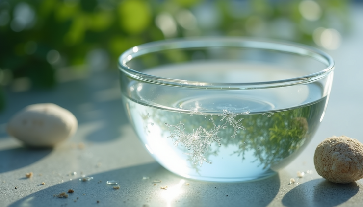 Close-up view of a small glass bowl filled with lithium-rich mineral water