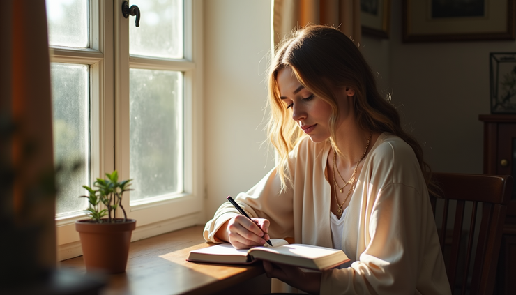 Close-up view of a mother journaling in a sunlit room, focusing on her thoughts and feelings