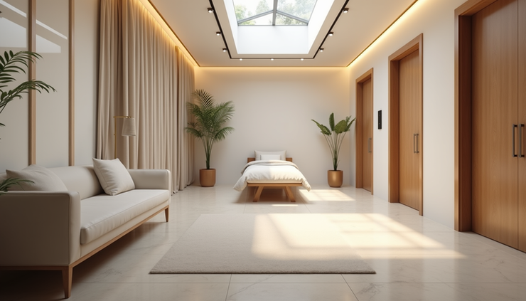 Eye-level view of a therapy room with calming decor and comfortable seating