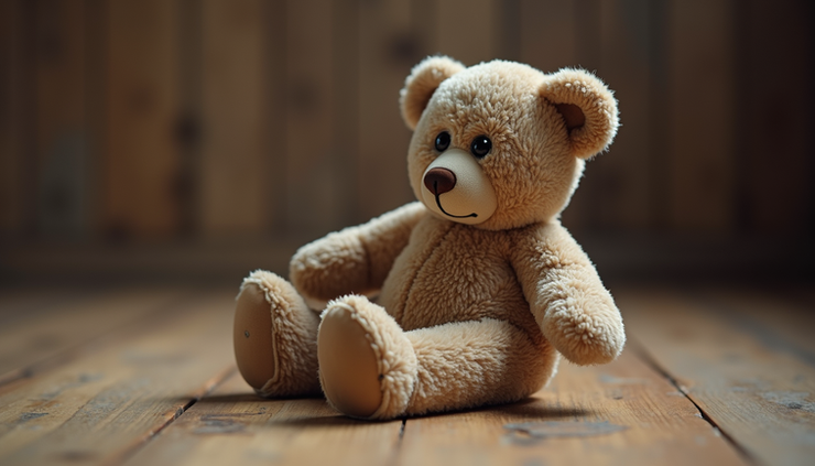 Vista a la altura de los ojos de un osito de peluche desgastado de un niño pequeño que descansa sobre un suelo de madera.