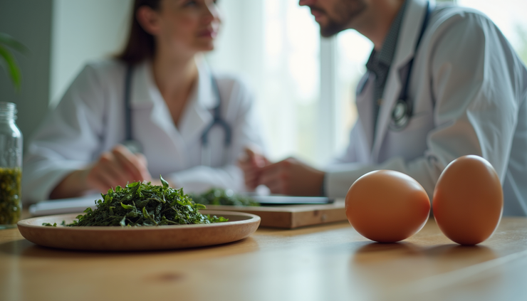 Eye-level view of a nutritionist consulting a patient with iodine-rich foods on the table