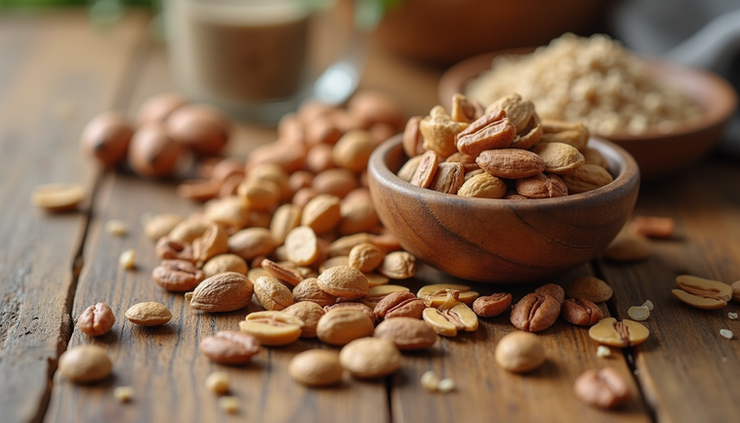 Close-up view of a bowl of keto-friendly nuts and seeds on a wooden table