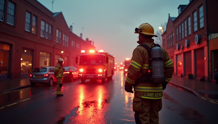 Eye-level view of a firefighter standing alone near emergency vehicles at dusk