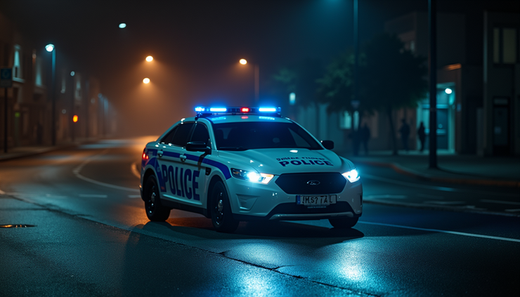 High angle view of a police cruiser parked under dim streetlights at night
