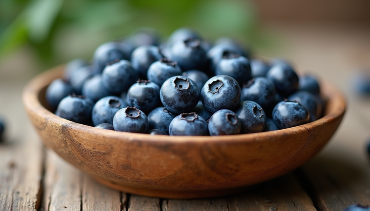 Close-up view of fresh blueberries in a wooden bowl