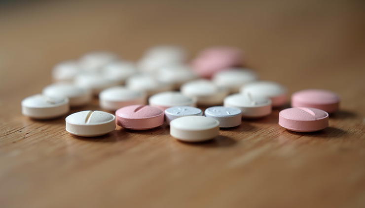 Close-up view of a variety of birth control pills arranged on a wooden surface