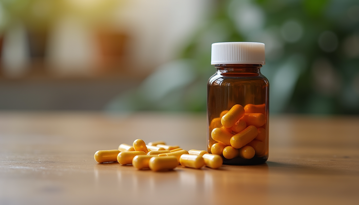 Close-up view of a small bottle of lithium supplement capsules on a wooden table