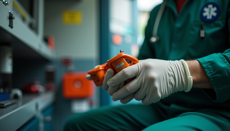 Eye-level view of a paramedic's hands holding emergency medical equipment inside an ambulance