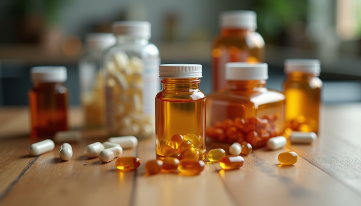 Close-up view of a collection of supplements including magnesium, fish oil capsules, and vitamin bottles on a wooden surface