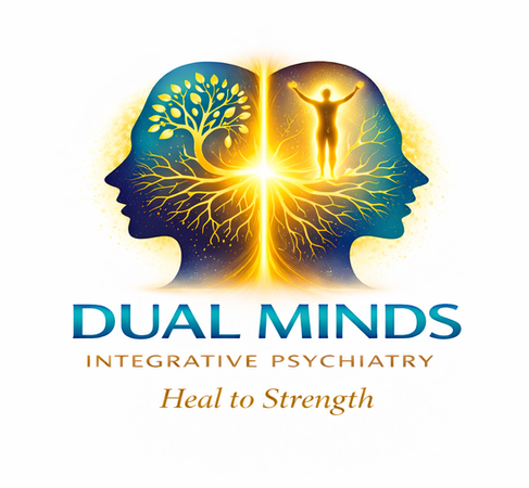 Dual Minds Integrative Psychiatry logo featuring a human silhouette with illuminated tree branches, representing holistic mental health care, healing, and personal growth.