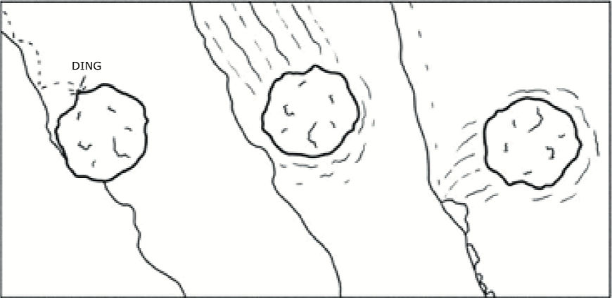 Panel 10. A large panel of the rock in 3 scenes. It bounces “DING”. Hauling down the hill. It hits another rock and flies through the air.