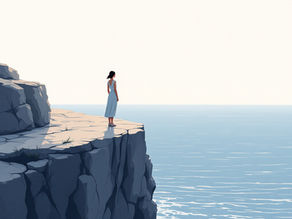 Una figura sentada o de pie en silencio frente al mar o en la cima de una montaña