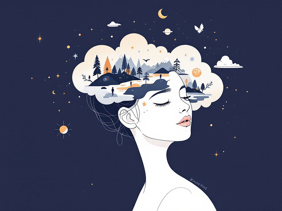 Ilustración suave de una mente llena de personajes, escenarios o planetas flotando