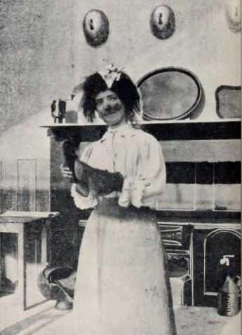 Laura Bayley in costume as Mary Jane for the film Mary Jane's Mishap (1903, dir. George Albert Smith). This image was used as a promotional still for the film, and is taken from a 1903 film catalogue published by Charles Urban Trading Co. catalogue. Public Domain. Image from Wikipedia.