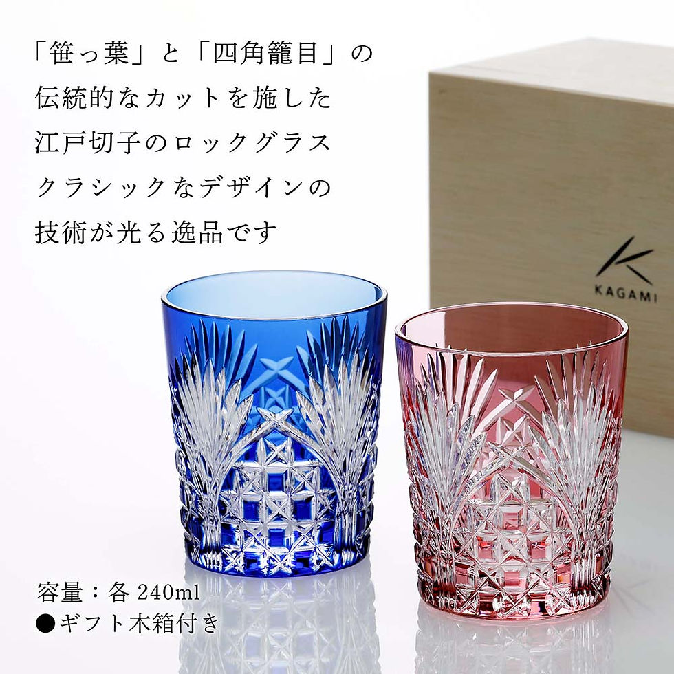 サムネイル： 【正規店入荷】【名入れ代込】【ロゴ対応】KAGAMI カガミクリスタル 江戸切子 ペア ロックグラス 笹っ葉に四角籠目紋