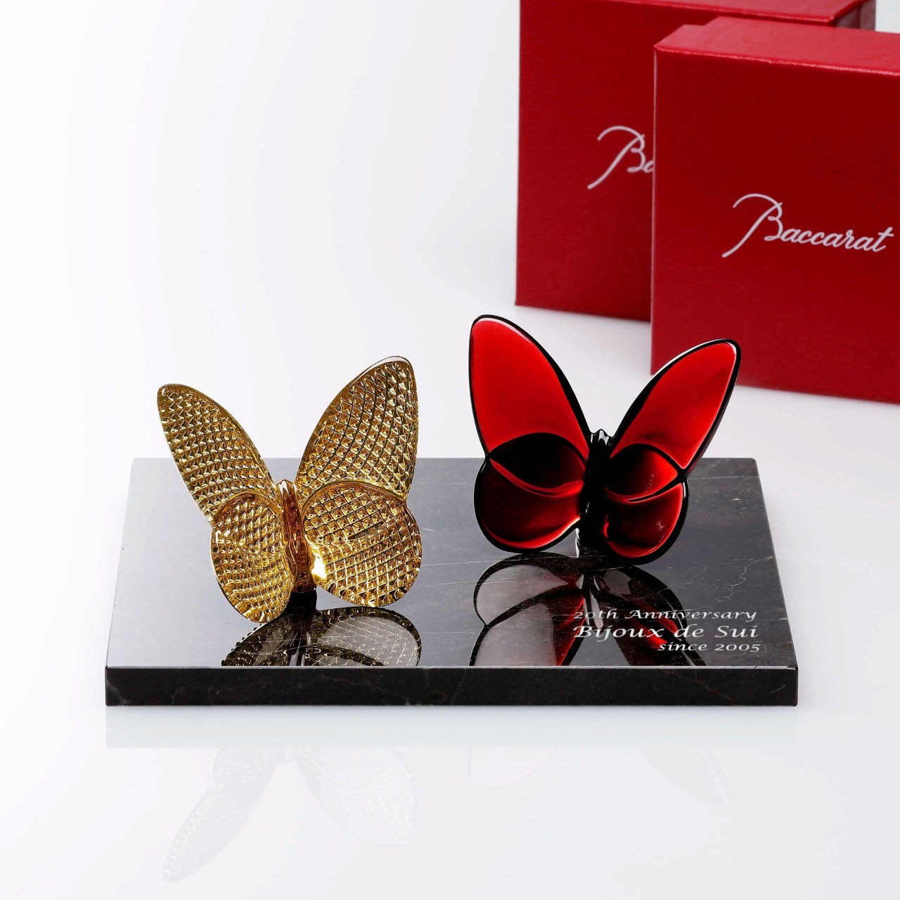 Baccarat バカラ ラッキー バタフライ ディアマン&レッド・大理石 台座 Lサイズ オリジナルセット 名入れ彫刻代込み