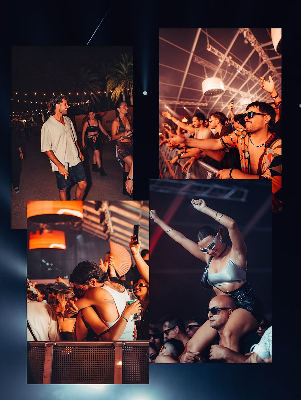 Collage of festival crowd moments with people dancing, cheering and enjoying an outdoor electronic music event.