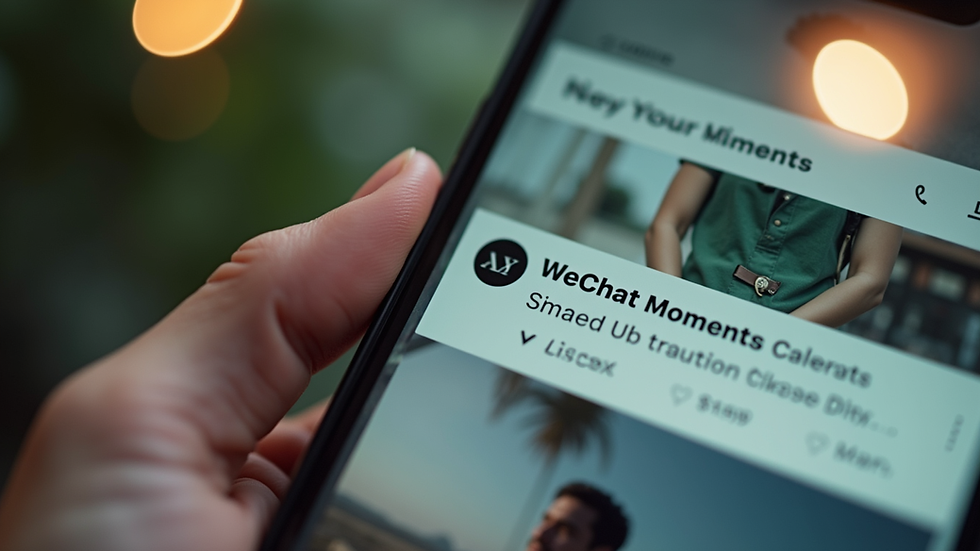 Close-up view of a smartphone displaying WeChat Moments feed with ads