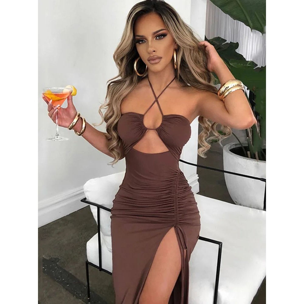 Sexy quente menina alta fenda elegante Halterneck saia longa verão moda feminina