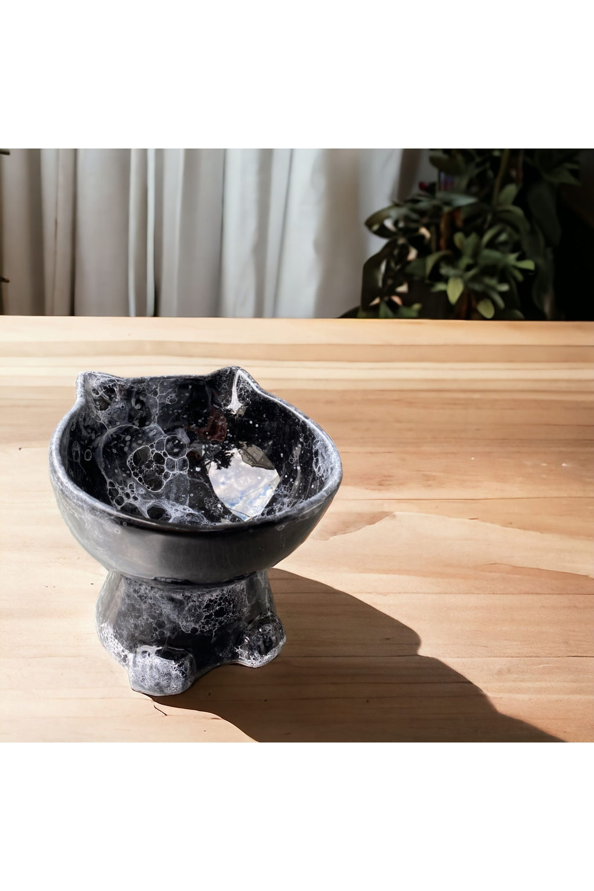 Kedi Köpek Mama Kabı Desenli Seramik Siyah El Yapımı