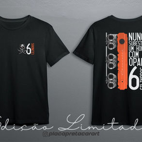 Edição Limitada. Ilustração com o motor 6 cilindros da linha Opala. Impressão nas costas com 28cm largura x 37cm de altura. Despachamos em até 24hs após confirmação pedido. Camiseta premium na cor preta. Especificações: fio 30.1 100% cotton algodão. DTF print.
