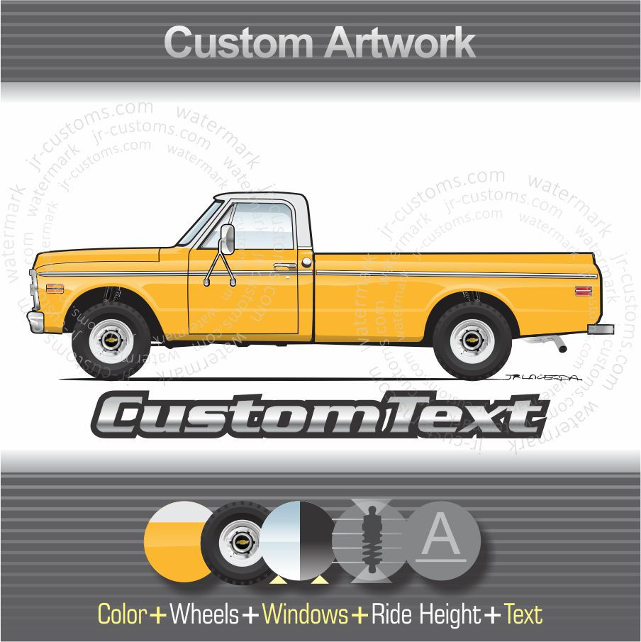 1969-70 Chevrolet Custom Chevy long bed C-10 C10 Truck Art for T-Shirt Mug Cap