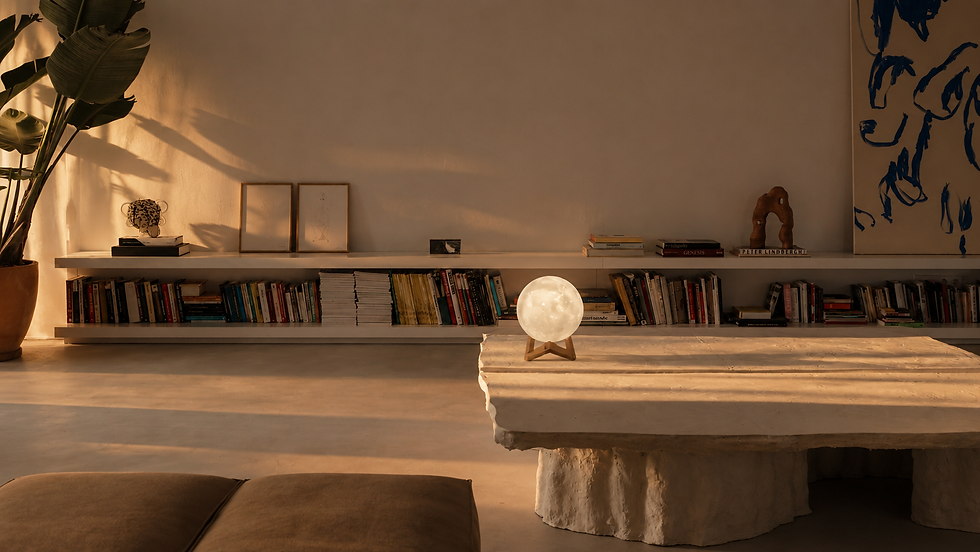 Luminária Lua Led Sala minimalista iluminada pelo sol.png