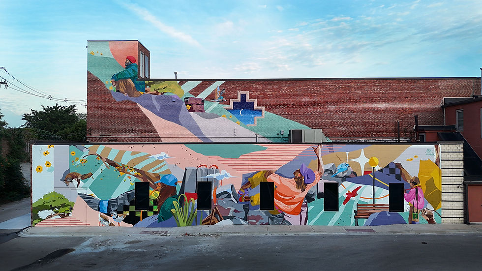 Interios wall mural featuring industrial trucking and equipment, mid centruy furniture sits in front of the mural