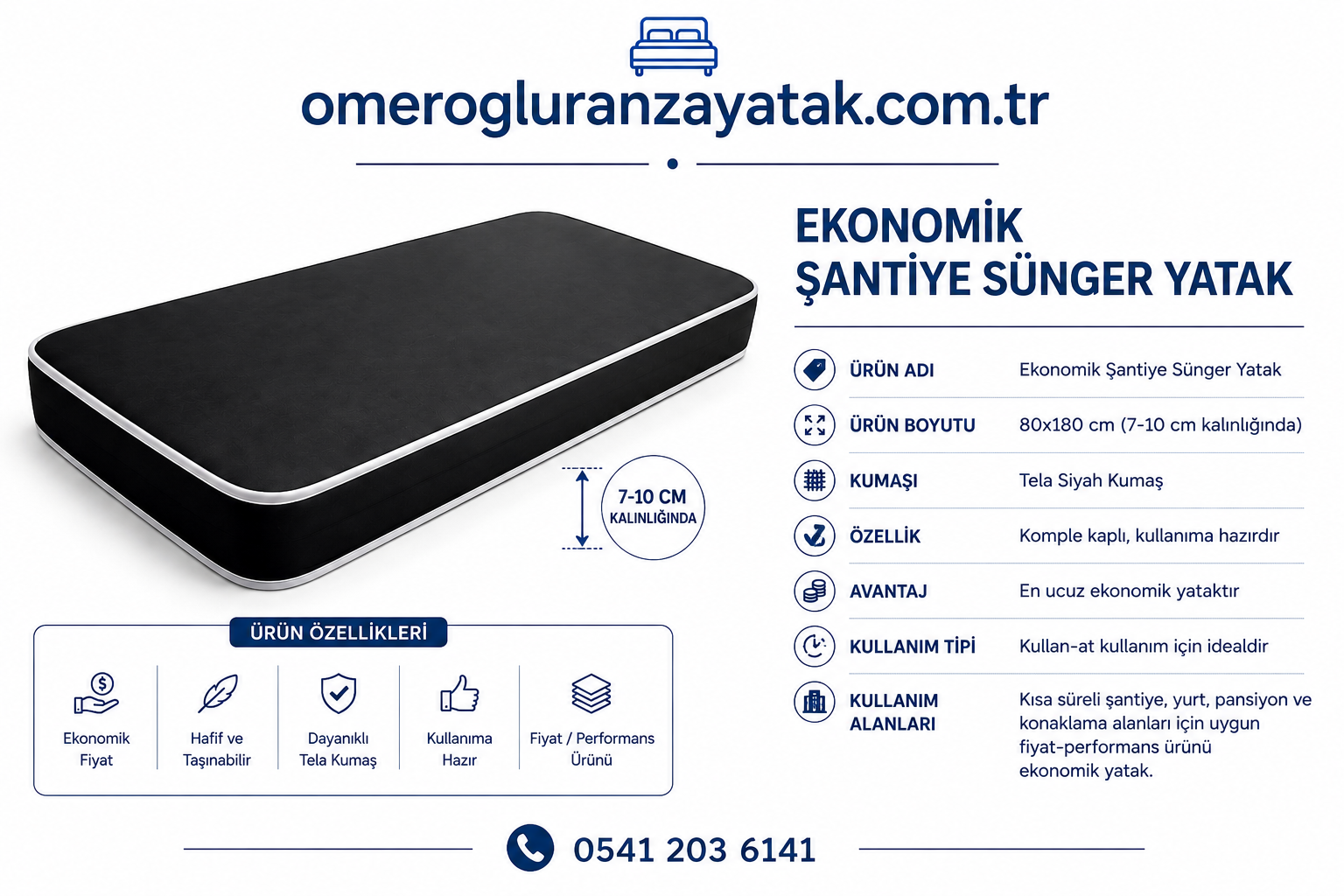 Ekonomik Şantiye Sünger Yatak 80x180 (7-10 cm) - En Ucuz Sünger Yatak - Ömeroğlu
