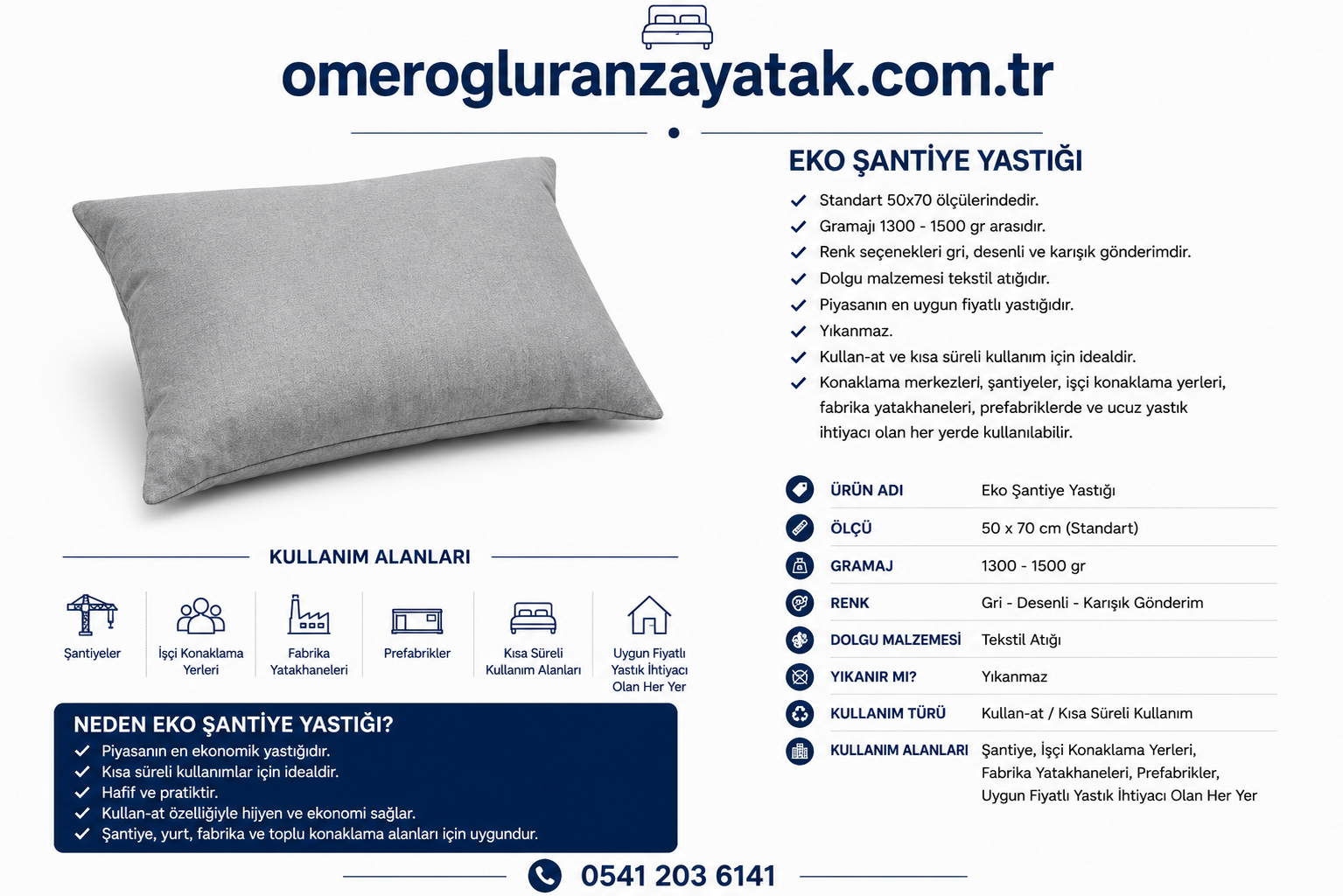 Eko Şantiye Yastığı 50x70 | Ekonomik Ucuz Kullan-At Yastık - Ömeroğlu