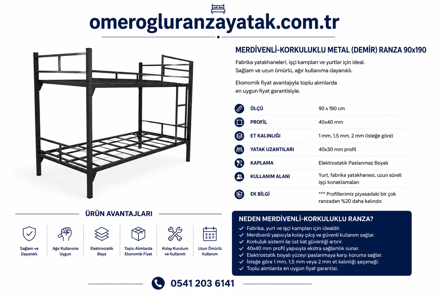 Merdivenli Korkuluklu Metal Ranza 90x190 | Güvenli Ranza - Ömeroğlu Ranza Yatak