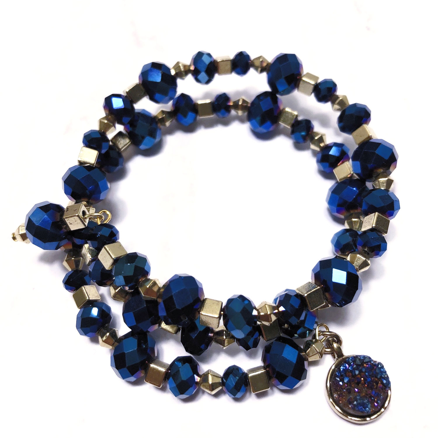 Glass Faceted Beads Memory Wire Bracelet w/Druzy Geode Charm