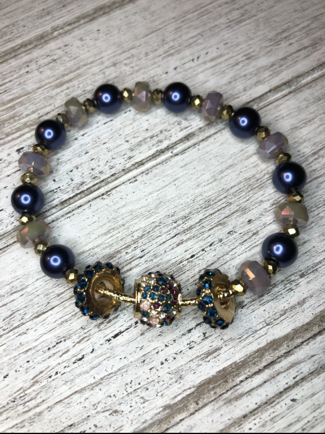 Stretch Bracelet w/Navy Blue, Gold and Purple Beads