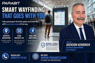 Parabit airport wayfinding promotional graphic featuring Dickson Kendrick alongside an interactive airport kiosk and passenger navigation messaging. The design highlights smart wayfinding capabilities including QR code scanning, real time directions, intuitive navigation, and flexible deployment across kiosks, signs, and airport information displays.