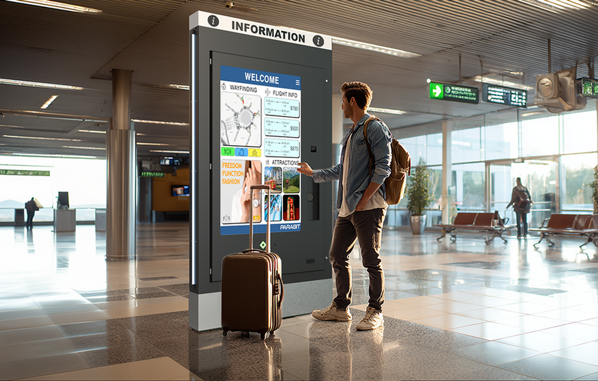 man standing in front of a parabit kiosk looking at wayfinding