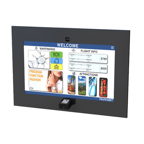 Outdoor-ready single-screen digital wayfinding kiosk with environmental enclosure and touchscreen for smart city navigation